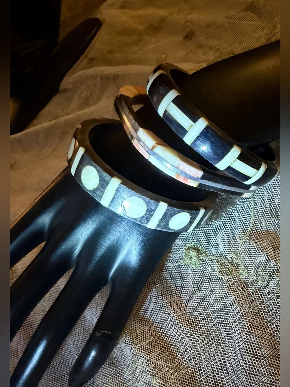 Vintage Bohemian Bone Inlay Black and Ivory Bangle set of 3